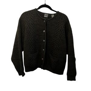 Gap brown cable knit fisherman sweater cardigan chunky 100% wool large L vintage